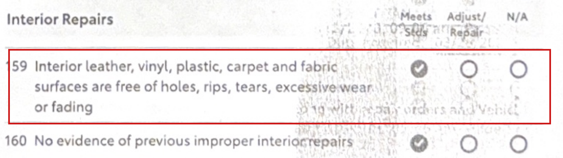 Checklist item 159, interior surfaces free of holes rips tears, checked Meets Standards