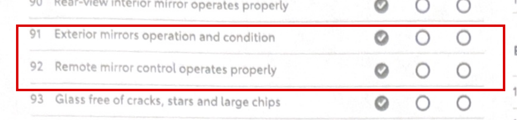 Checklist items 91 and 92, exterior mirrors operation and condition and remote mirror control, checked Meets Standards