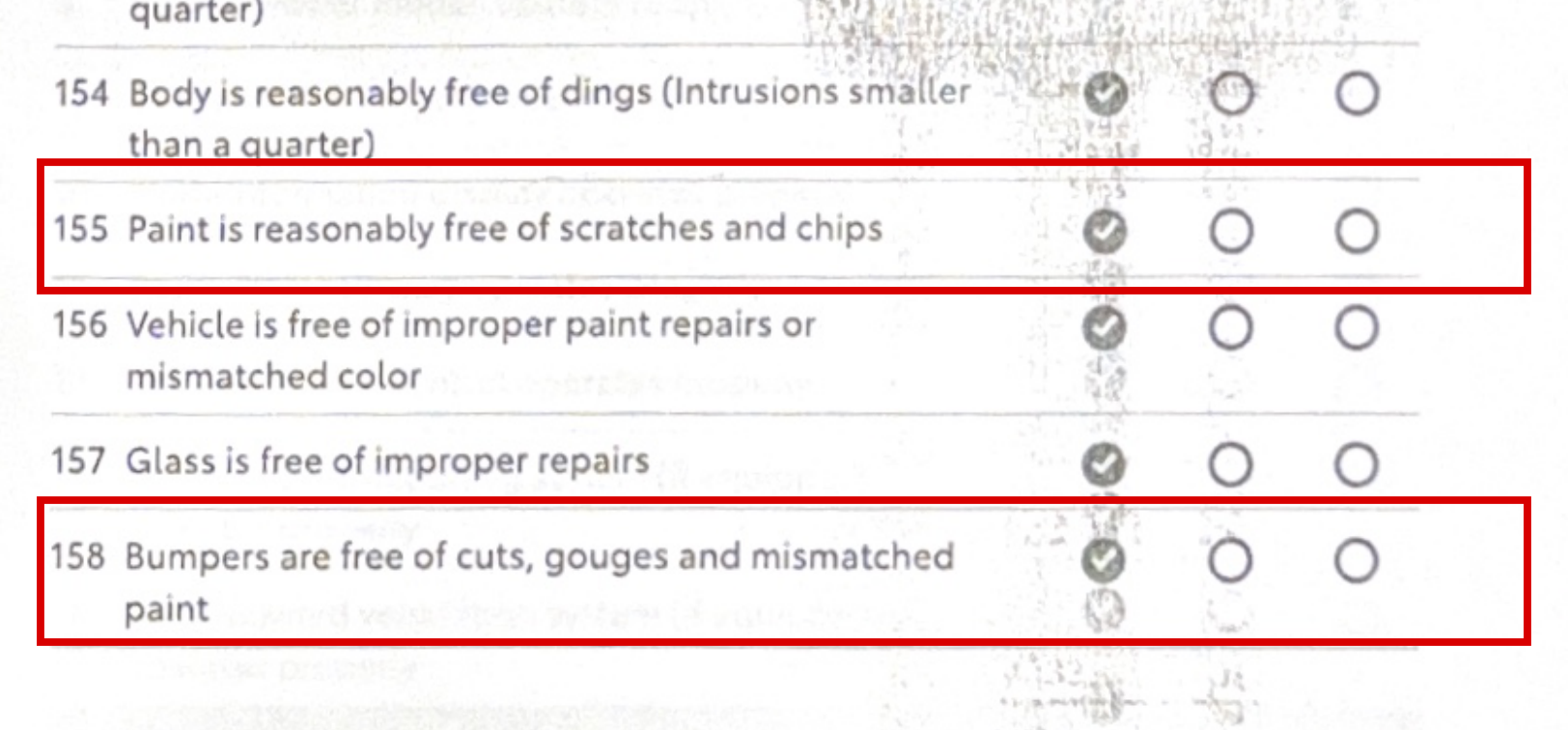 Checklist items 155 and 158, paint free of scratches and bumpers free of cuts and gouges, checked Meets Standards