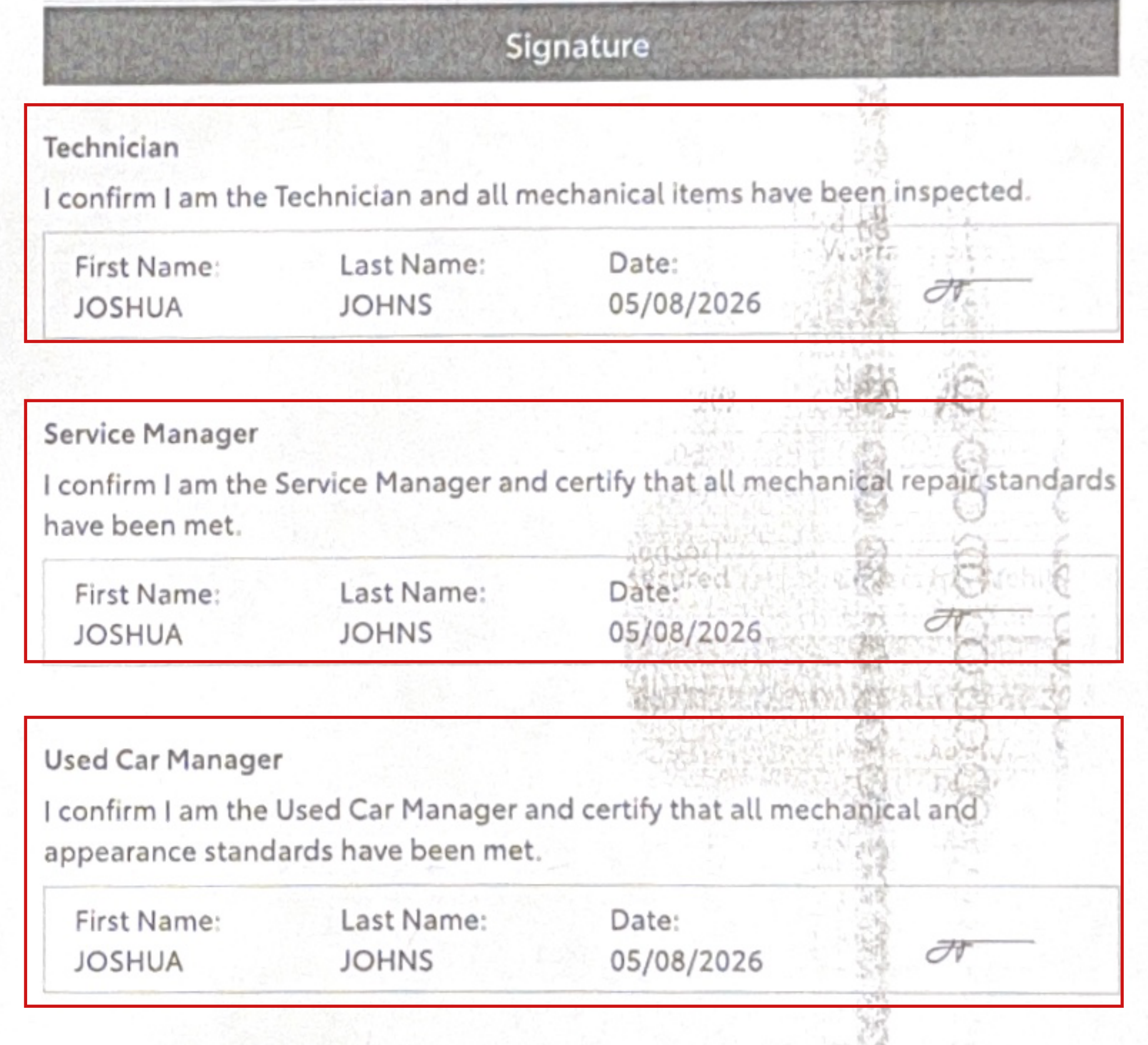 Checklist signature page: Technician, Service Manager, and Used Car Manager lines, each with the same name and the date 05/08/2026