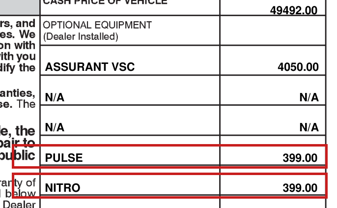 Retail purchase agreement, optional equipment section: PULSE 399.00 and NITRO 399.00 boxed in red
