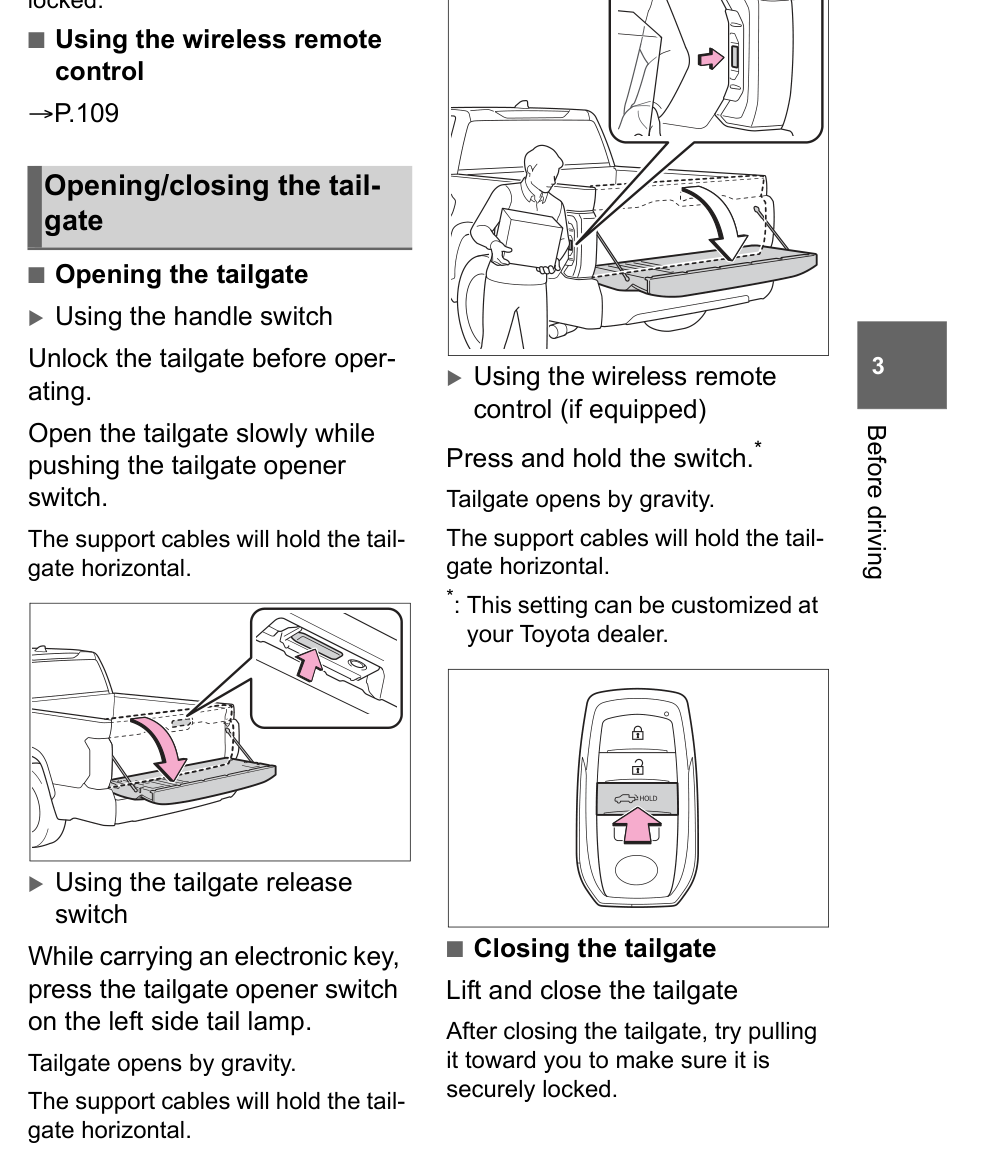 2022 Tundra Owner's Manual page 119: using the wireless remote control, press and hold the switch, tailgate opens by gravity