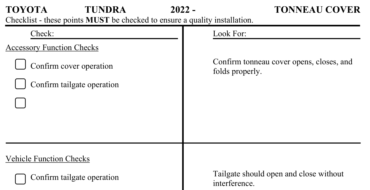 Toyota tonneau cover installation instructions, page 9 checklist: confirm tailgate operation, tailgate should open and close without interference